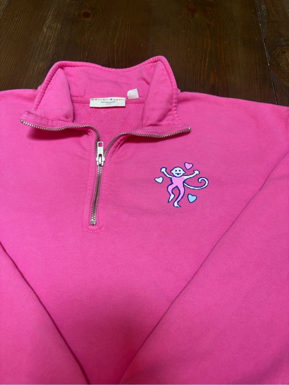 Roller Rabbit Monkey Love Pink Half Zip Cropped Pullover Sweatshirt Size XS - Picture 2 of 8